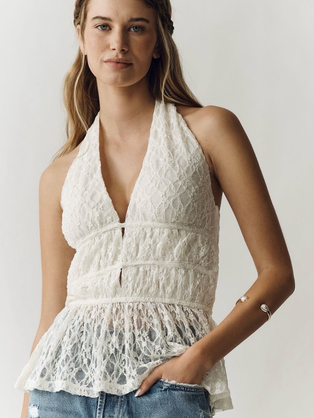 Anthropologie White Lace Plunge Halter Top